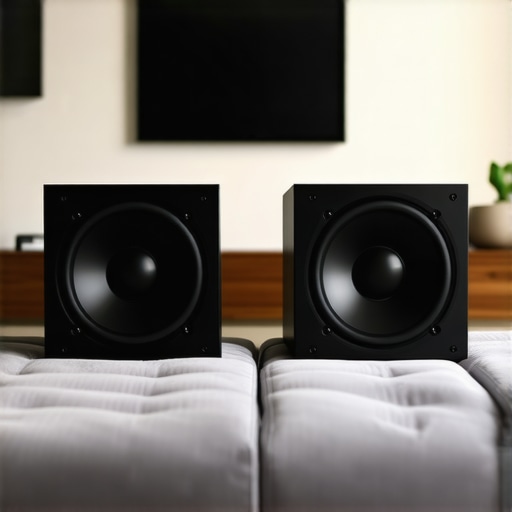 Subwoofer Placement in Living Room Two subwoofers positioned in opposite corners of a living room for balanced bass