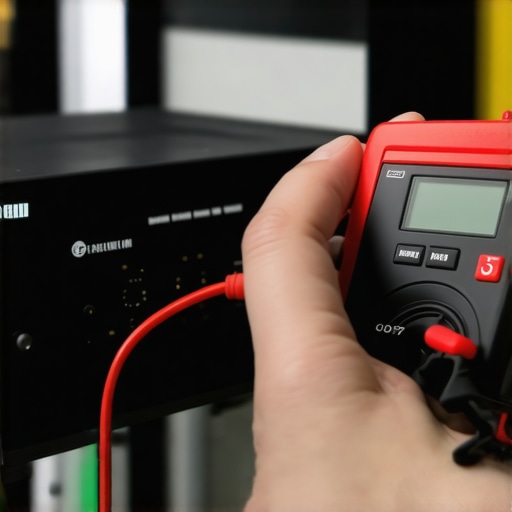 A technician measuring voltage on an AV receiver with a digital multimeter.