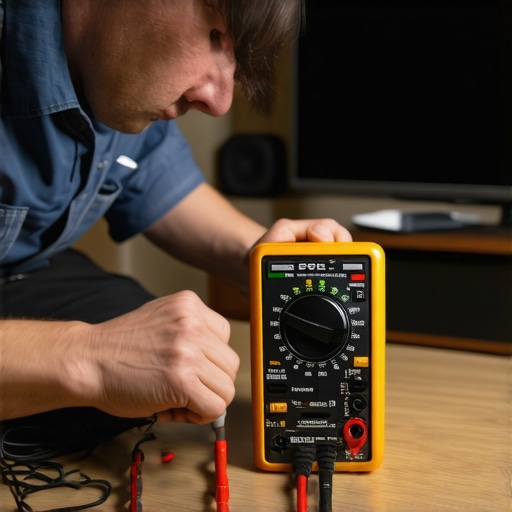 Tools for Media System Maintenance Technician testing audio equipment with multimeter and SPL meter