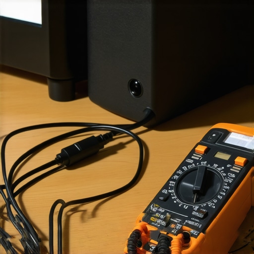 Using a multimeter to test audio wiring Technician testing speaker wires with a multimeter in a home theater