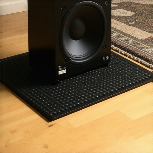 Subwoofer placed on an isolation platform with acoustic treatment in a home theater room.