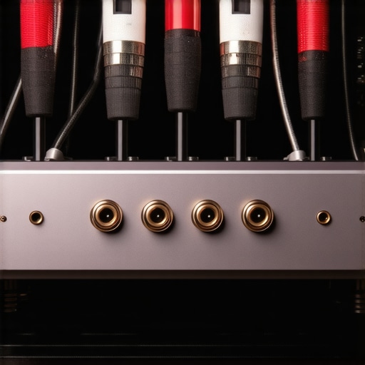 Close up of speaker cables and XLR inputs on a high-end AV receiver.