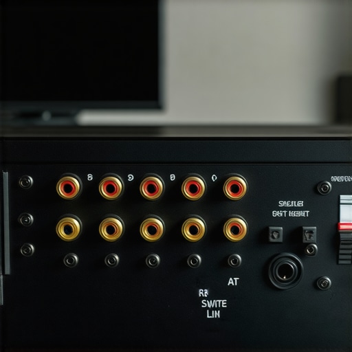 Close-up of an AV receiver back panel showing speaker terminals and impedance settings switch.