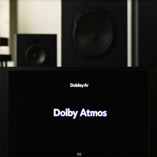 AV Receiver Displaying Dolby Atmos Signal Close up of an AV receiver showing Dolby Atmos on the front panel display