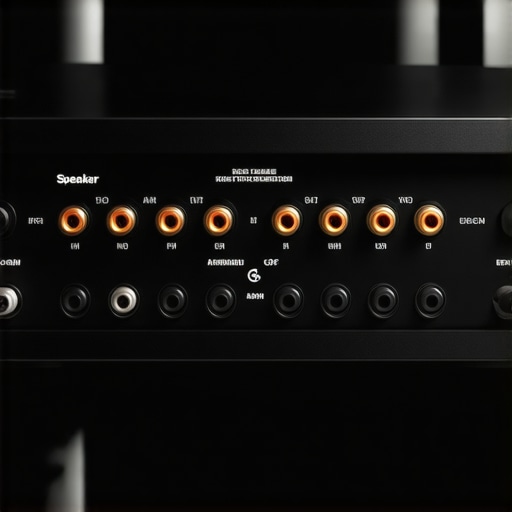 A detailed view of an AV receiver's rear panel showing impedance settings and ventilation areas.