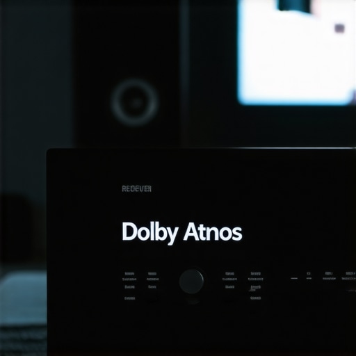Close-up of an AV receiver display confirming Dolby Atmos bitstream signal from a media hub.
