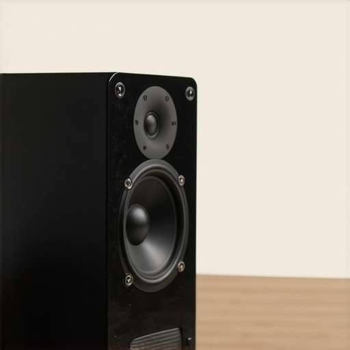 High-density foam isolation pad tilting a speaker upward on a desk to improve sound clarity.