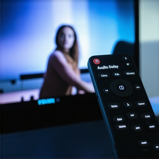 Close up of media hub menu showing audio delay slider settings to fix lip sync.
