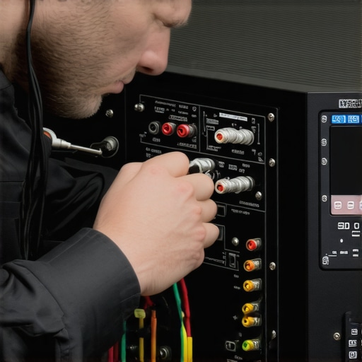 A technician calibrating speaker distance settings on an AV receiver to fix audio lag issues.