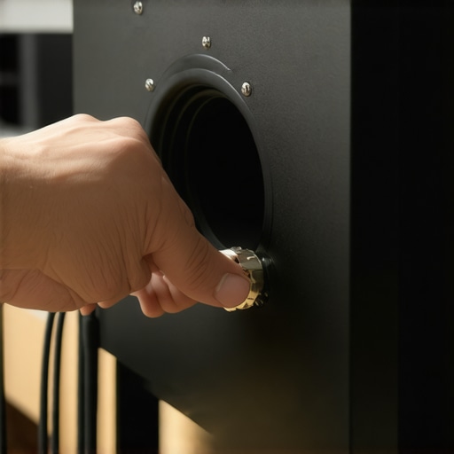 Close up of a hand adjusting the gain dial on a subwoofer for audio calibration