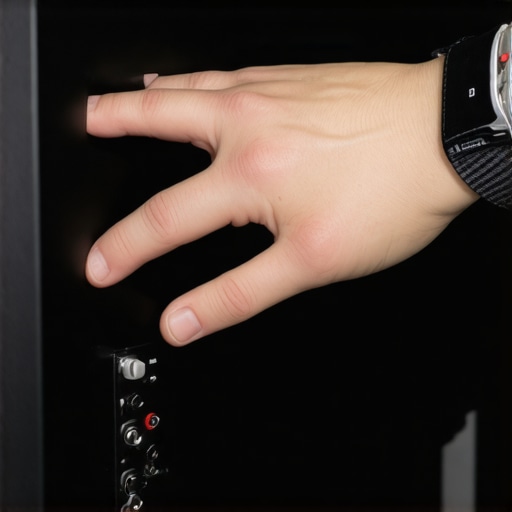 Close up of hand turning the gain and crossover knobs on the back panel of a black subwoofer speaker.