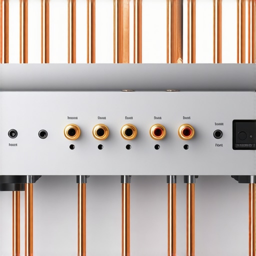 Close up of AV receiver rear panel with high quality cables and connections