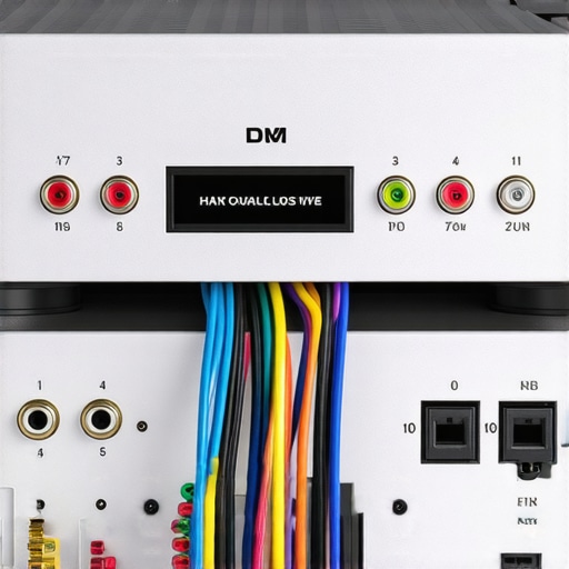 Close up of AV receiver rear panel with spade lug connections and media hub inputs.