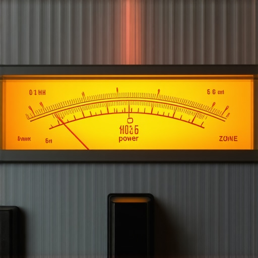 A close-up shot of an analog VU meter on a power amplifier showing signal levels and peak indicators.