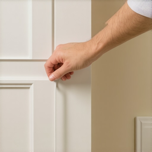 A person installing flat, paintable speaker wire on a white wall to hide home theater cables.