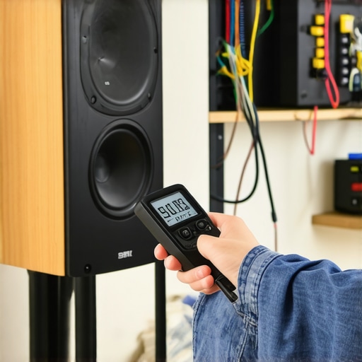 An enthusiast using an SPL meter to calibrate home theater speakers for consistent sound performance.