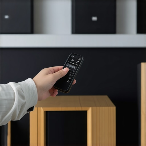 An enthusiast using an SPL meter to ensure balanced sound across all home theater speakers.