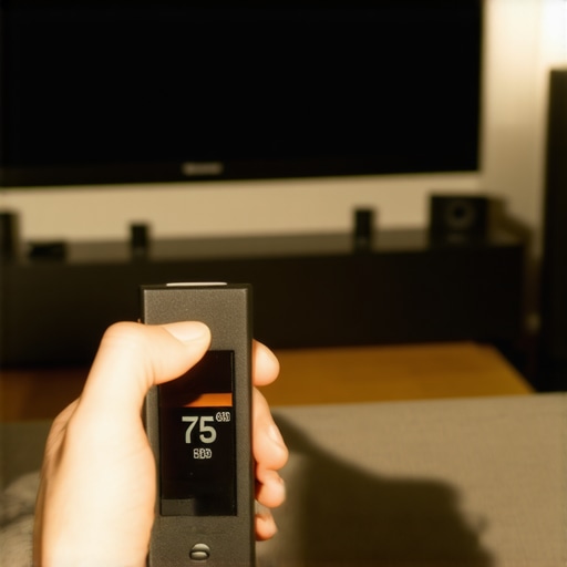 A person using a handheld SPL meter to calibrate home theater speaker levels.