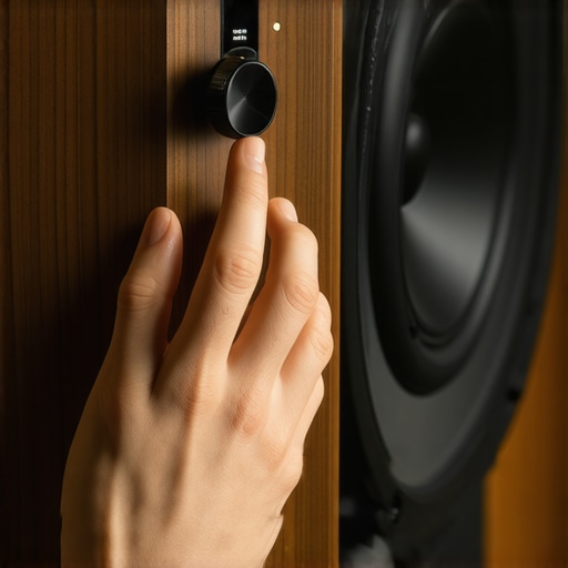 Calibrating Subwoofer Phase Dial for Better Bass A hand turning the phase dial on the back of a subwoofer to align sound waves.