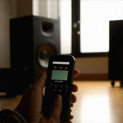 Hand holding digital sound pressure level meter in home theater setup