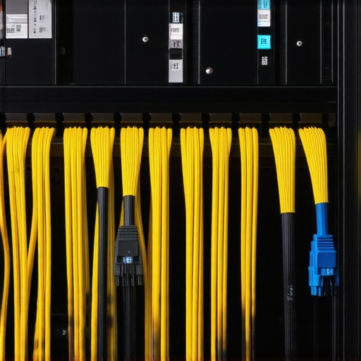Properly organized AV cables behind a media rack to prevent noise and interference.