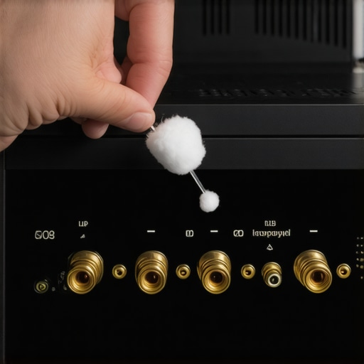 Close up of a person cleaning gold plated speaker terminals on an AV receiver with a swab.