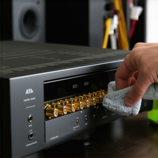 Close-up of cleaning oxidation from gold-plated speaker terminals on an AV receiver.