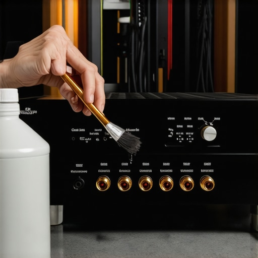 Person cleaning oxidation off gold-plated speaker terminals on an AV receiver.
