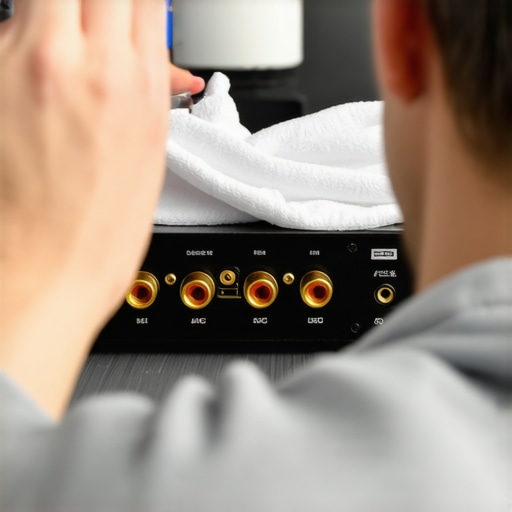 A technician cleaning RCA terminals on a power amplifier to remove oxidation.
