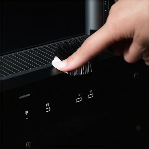 A person cleaning the ventilation slots of a home theater receiver to prevent overheating.