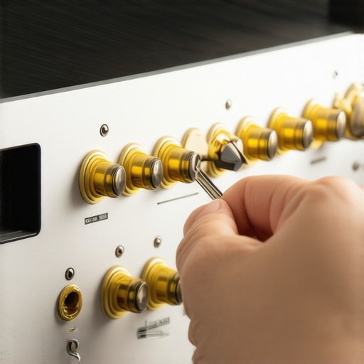 A person cleaning gold-plated speaker terminals on a modern AV receiver to prevent static and corrosion.