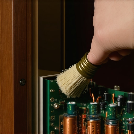 Close up of a person using a soft brush to clean dust off a speaker crossover circuit board inside a cabinet
