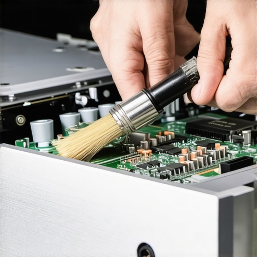 Close-up of cleaning dust out of an AV receiver with compressed air and a brush