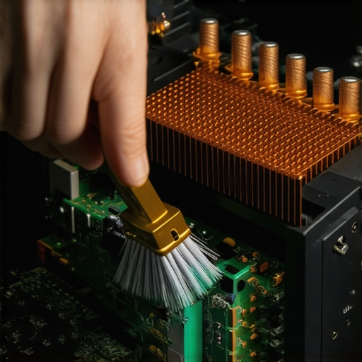 A technician cleaning dust from the internal components of a high-end home theater receiver.