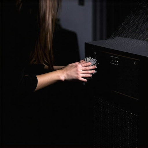 A person cleaning the dust out of a high-end home theater receiver vents.