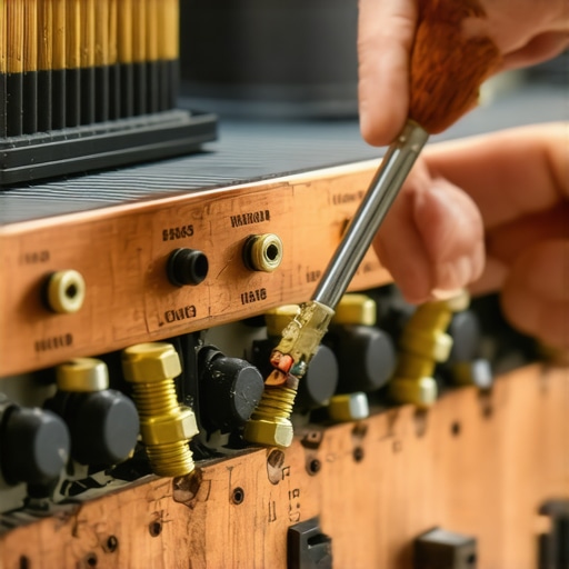 Cleaning oxidized speaker terminals with a brass brush Close-up of vintage audio terminal cleaning process showing copper restoration