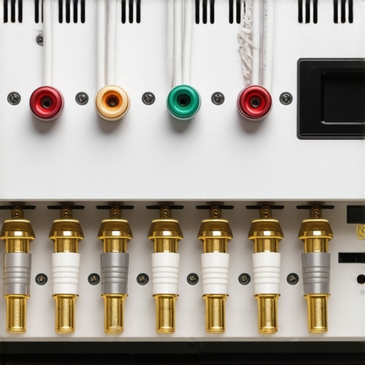Close-up of AV receiver speaker terminals with high-quality copper wire and banana plugs.