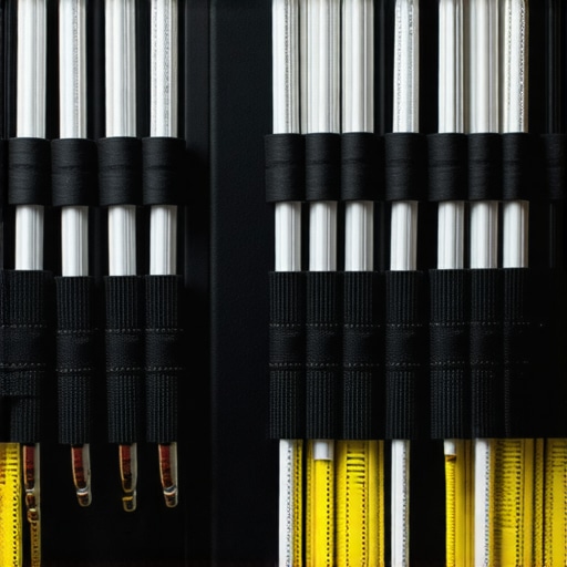 Close up of power and audio cables crossing at right angles to minimize electromagnetic interference