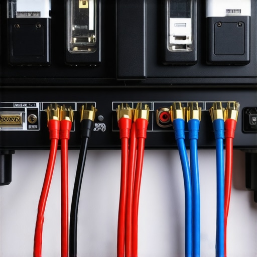 Close up of home theater cables crossing at 90 degrees to minimize subwoofer hum.