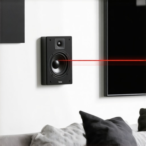 A side surround speaker mounted 2 feet above ear level on a living room wall to ensure clear line of sight.