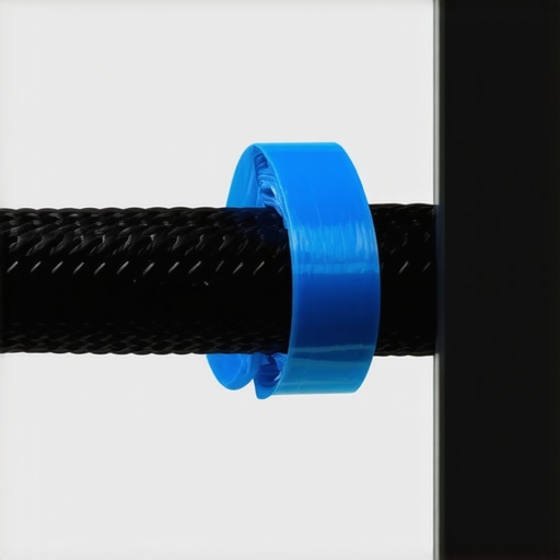 A neat DIY cable label using blue painter's tape and clear heat shrink tubing on a black wire.