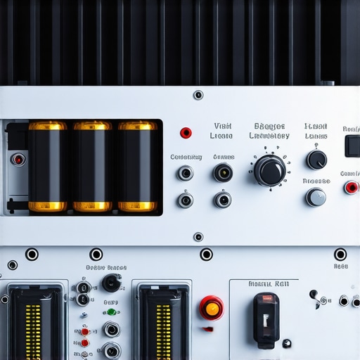 Close up of high-end audio power amplifier internal hardware and capacitors.