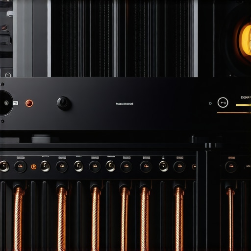 High-end home theater power amplifier with professional cable management and proper ventilation spacing.