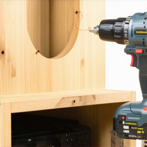 A person using a hole saw to create airflow vents in a wooden entertainment center for an AV receiver.