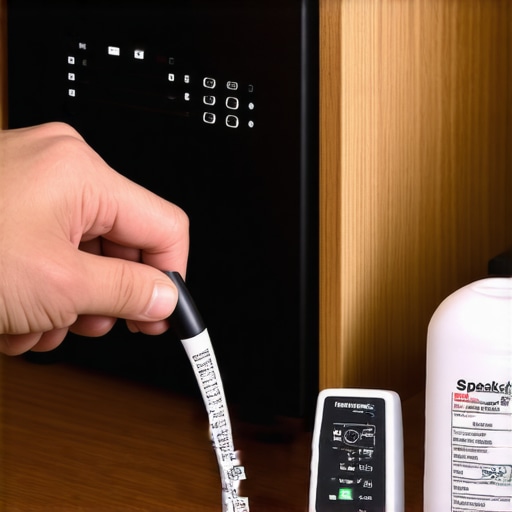 Hands labeling speaker cables with a label maker next to audio cleaning supplies