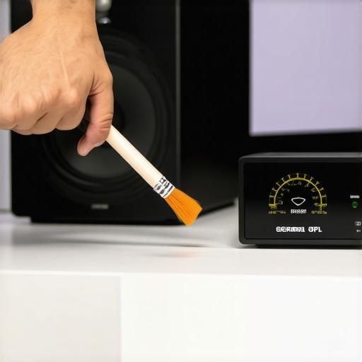 Tools for home theater maintenance including a cleaning brush and sound pressure level meter.