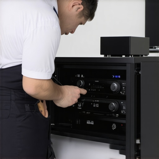 Technician cleaning a home theater receiver and speaker terminals