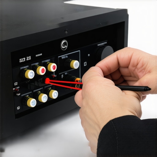 Close-up of 12-gauge speaker wire being properly managed behind an AV receiver to avoid interference.