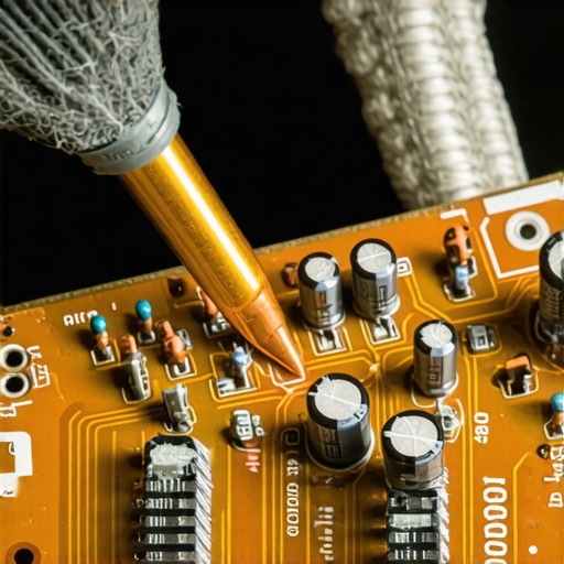 Close up of a technician using a small brush to clean a speaker crossover circuit board.