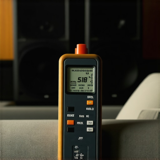A sound pressure level meter used for manual home theater calibration sitting on a sofa.